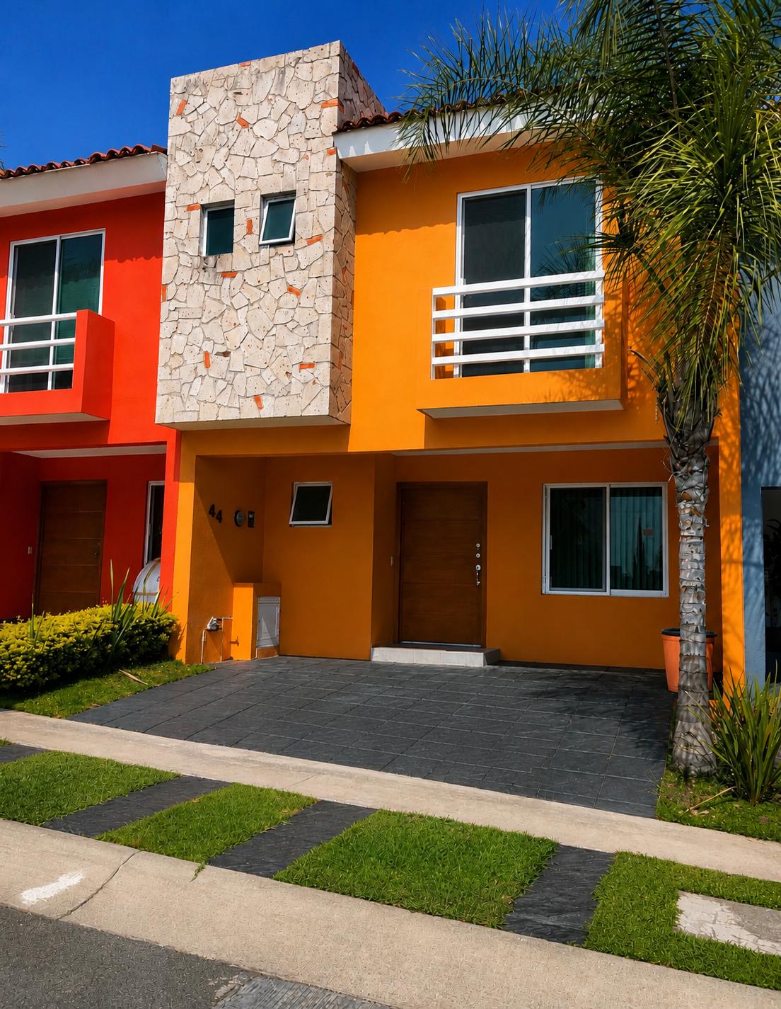 Casa con fachada naranja y detalles de piedra